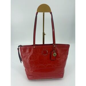 Coach deep orange-Red Patent Leather Signature Tote Bag‎ with Charms